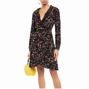 Maje Rosalia Wrap Dress Black Floral Long Sleeve Size 2/US M Ruffles Mini Dress